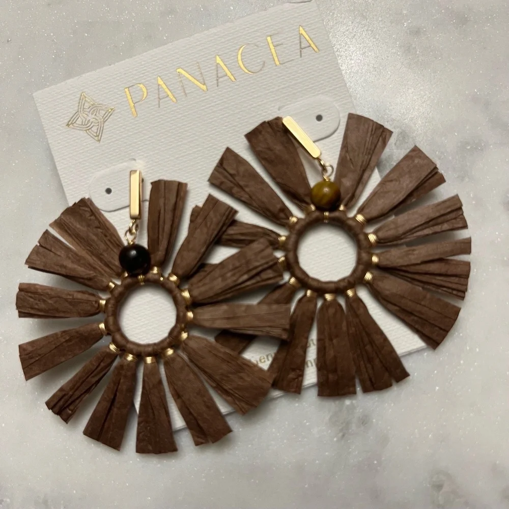 Panacea Brown Raffia Earrings Hoop Fan Resort Summer Boho Tropical Jewelry New‎